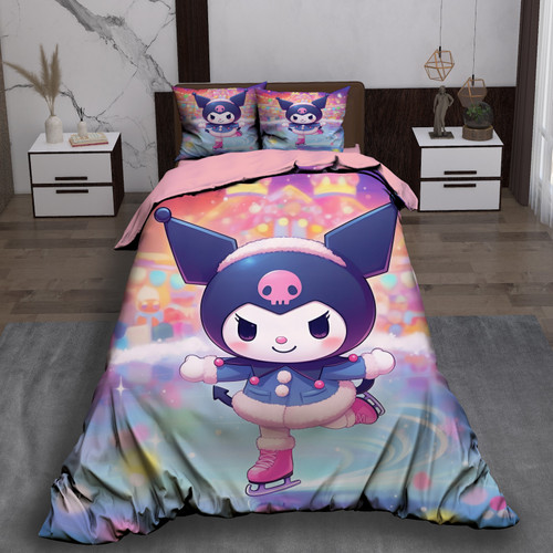 ست رو تختی تک نفره سه بعدی کرومی آبی صورتی Kuromi