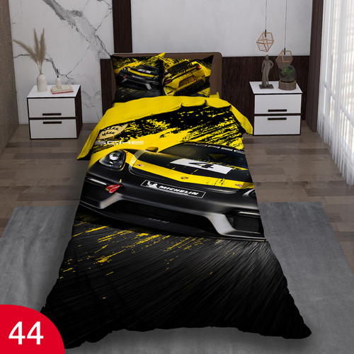 ست رو تختی تک نفره سه بعدی پورشه زرد مشکی با عکس ماشین پورشه