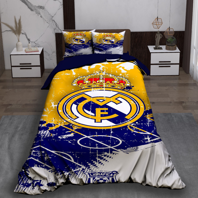 ست رو تختی تک نفره سه بعدی رئال مادرید آبی زرد توسی با لوگوی باشگاه رئال مادرید