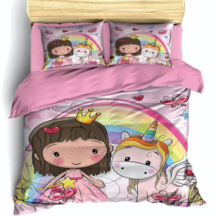 ست رو تختی تک نفره سه بعدی دخترانه اسب تکشاخ دخترانه کودک رنگین کمان صورتی