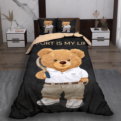 ست رو تختی تک نفره سه بعدی تدی مشکی توسی سفید کودک