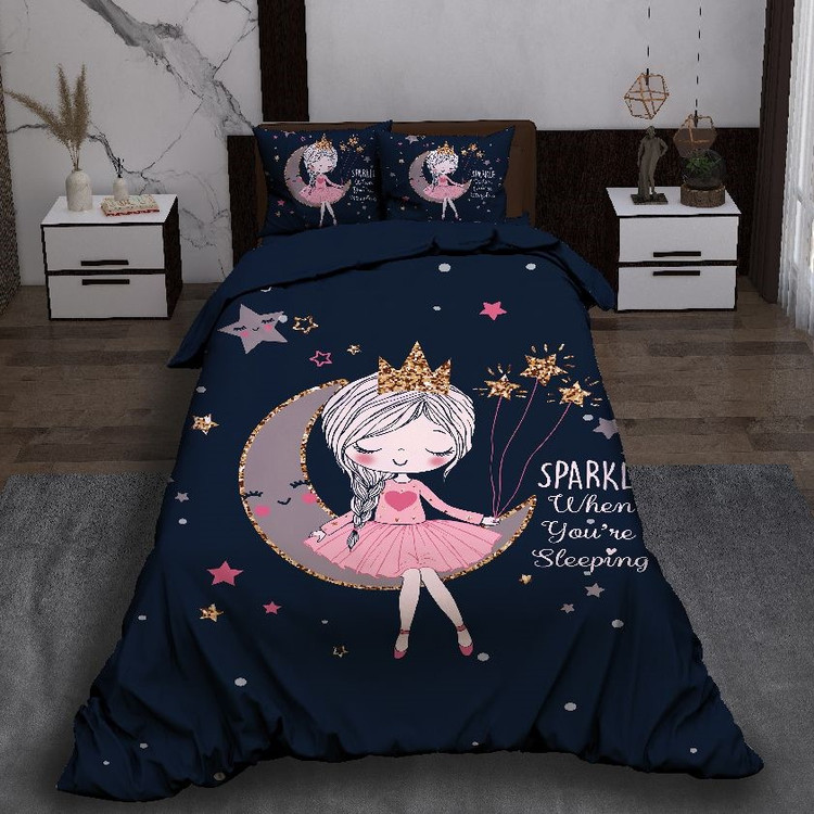 ست رو تختی تک نفره سه بعدی دخترانه دختر مهتاب سرمه ای صورتی