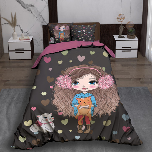 ست رو تختی تک نفره سه بعدی دخترانه مو فرفری تیره