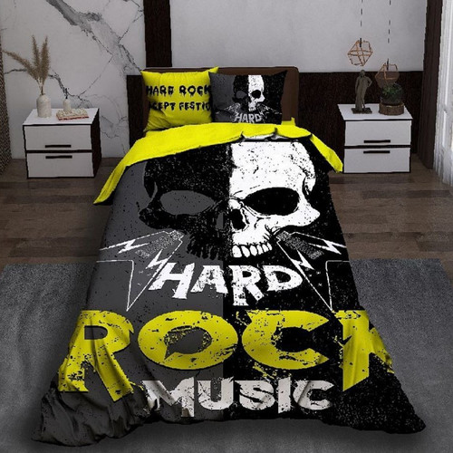 ست رو تختی تک نفره سه بعدی راک میوزیک مشکی زرد سفید Rock Music