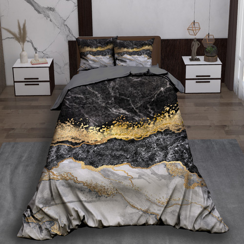 ست رو تختی تک نفره سه بعدی ابر و بادی طرح سنگ مشکی توسی زرد