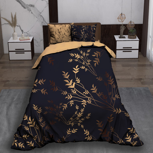 ست رو تختی تک نفره سه بعدی مدرن مشکی طلایی طرح برگ