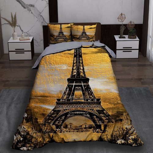 ست رو تختی تک نفره سه بعدی برج ایفل بک گراند زرد نارنجی