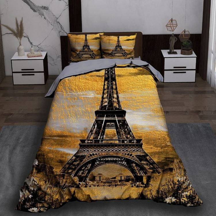 ست رو تختی تک نفره سه بعدی برج ایفل بک گراند زرد نارنجی