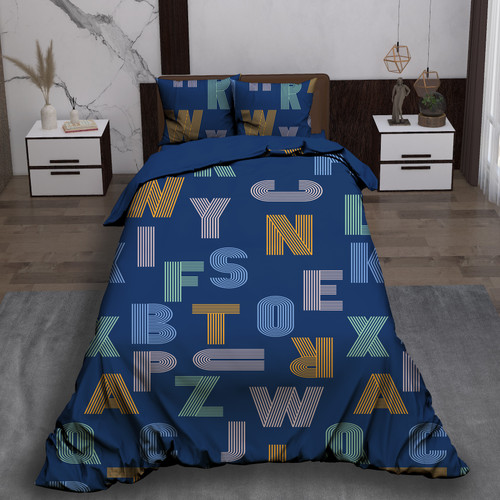 ست رو تختی تک نفره سه بعدی آبی آلفابت حروف الفبای انگلیسی