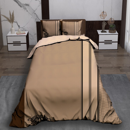 ست رو تختی تک نفره سه بعدی مدرن کرمی قهوه ای با خطوط عمودی