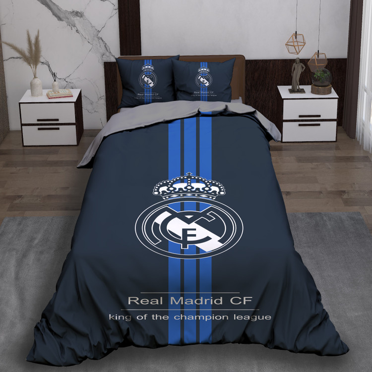 ست رو تختی تک نفره سه بعدی رئال مادرید سرمه ای با خطوط آبی و لوگوی باشگاه رئال مادرید
