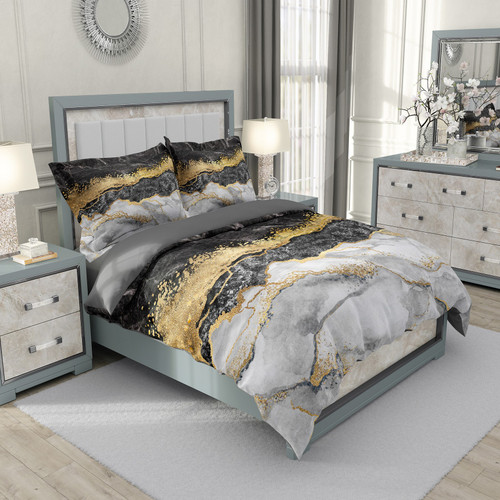 ست رو تختی دو نفره سه بعدی ابر و بادی طرح سنگ توسی زرد مشکی