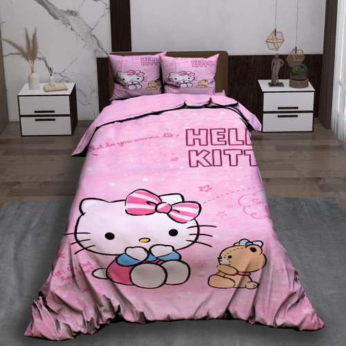 ست رو تختی تک نفره سه بعدی دخترانه طرح کیتی Kitty صورتی