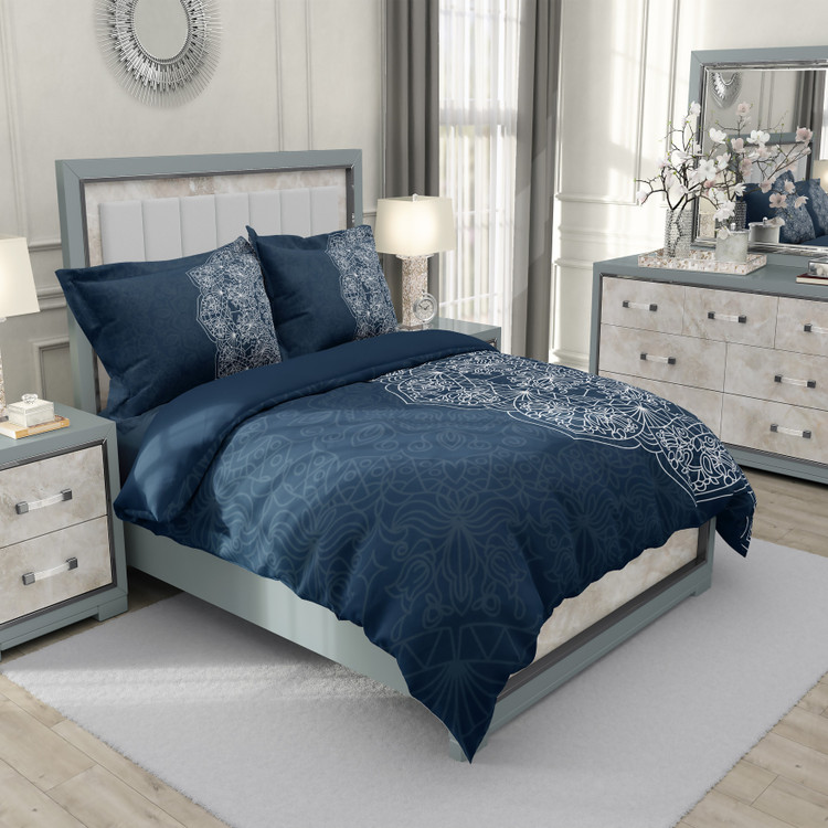 ست رو تختی دو نفره سه بعدی ماندالا زمینه آبی نفتی طرح هندسی mandala